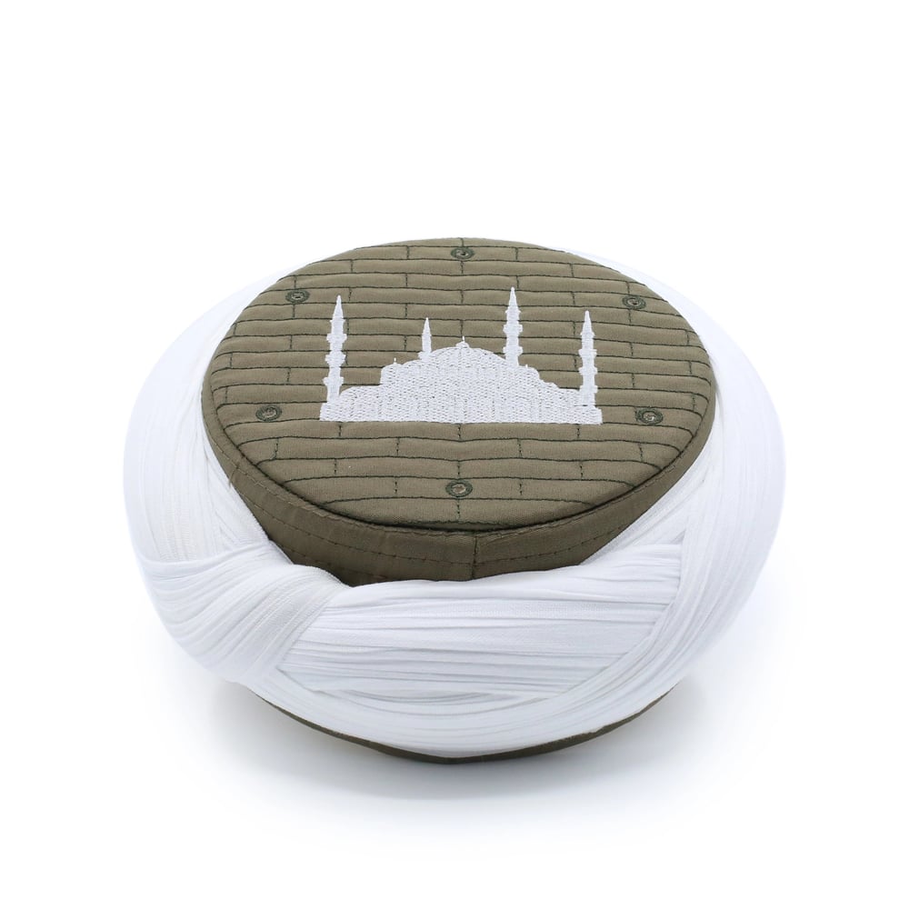 Çocuk Cami Sarığı - Beyaz Kumaş - Yeşil Takke - Çapraz Sarım - Cami Nakışlı - 7 metre