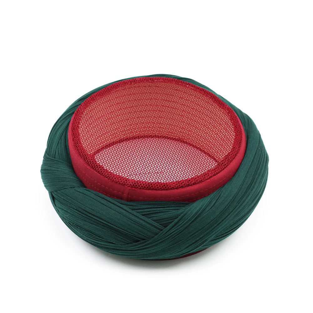 Çocuk Fileli Sarık - Yeşil Kumaş - Bordo Takke - Çapraz Sarım - Fileli - 7 Metre