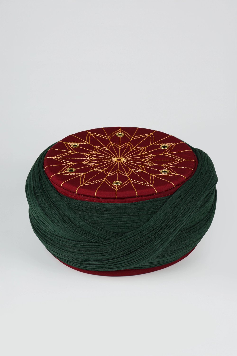 Çocuk Talebe Sarığı - Yeşil Kumaş - Bordo Takke - Çapraz Sarım - Kuş Gözü - 6 metre