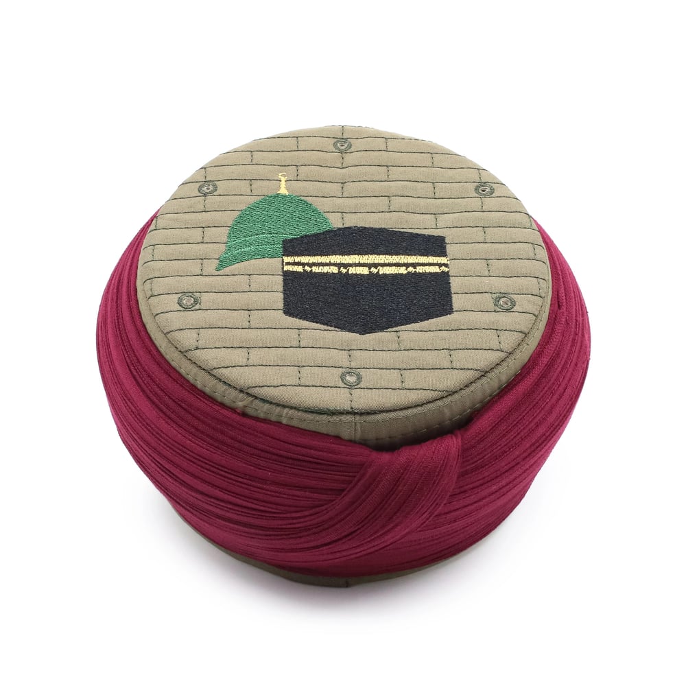 Hac Umre Sarığı – Bordo Kumaş – Yeşil Takke – Yuvarlak Sarım – Mekke-Medine – 5 Metre