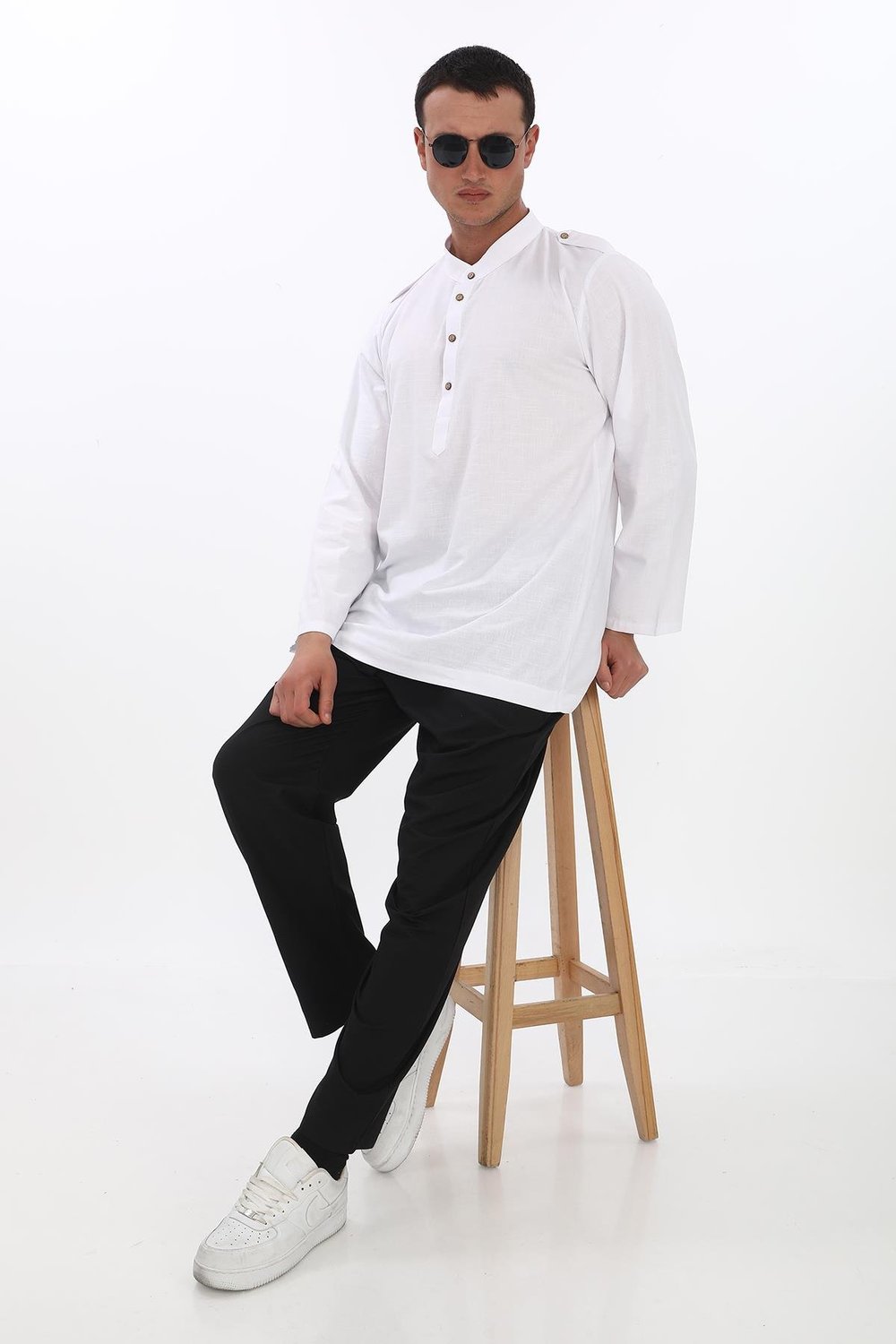 Apolet Detaylı Uzun Keten Gömlek Regular Kalıp