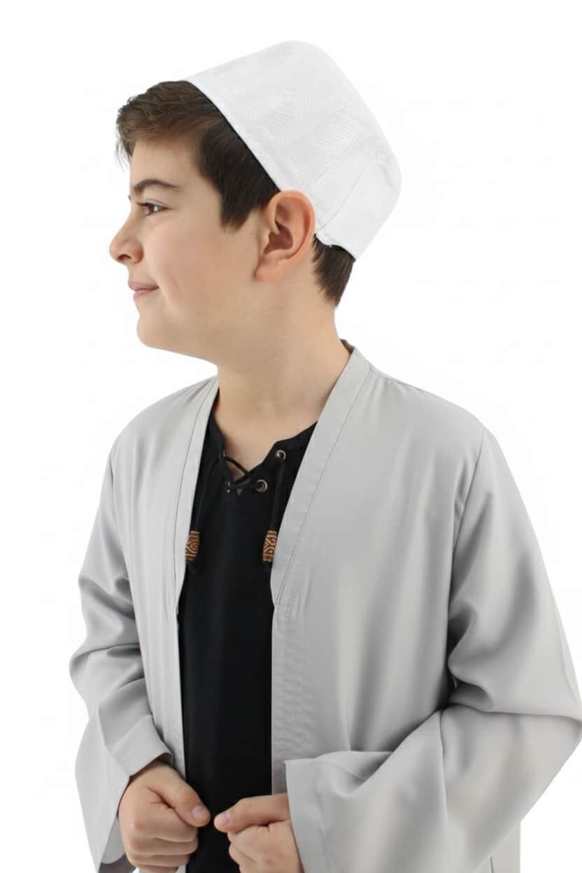 Çocuk Namaz Cübbesi – Buhara Yaka Beyaz | Rahat ve Terletmeyen Kumaş