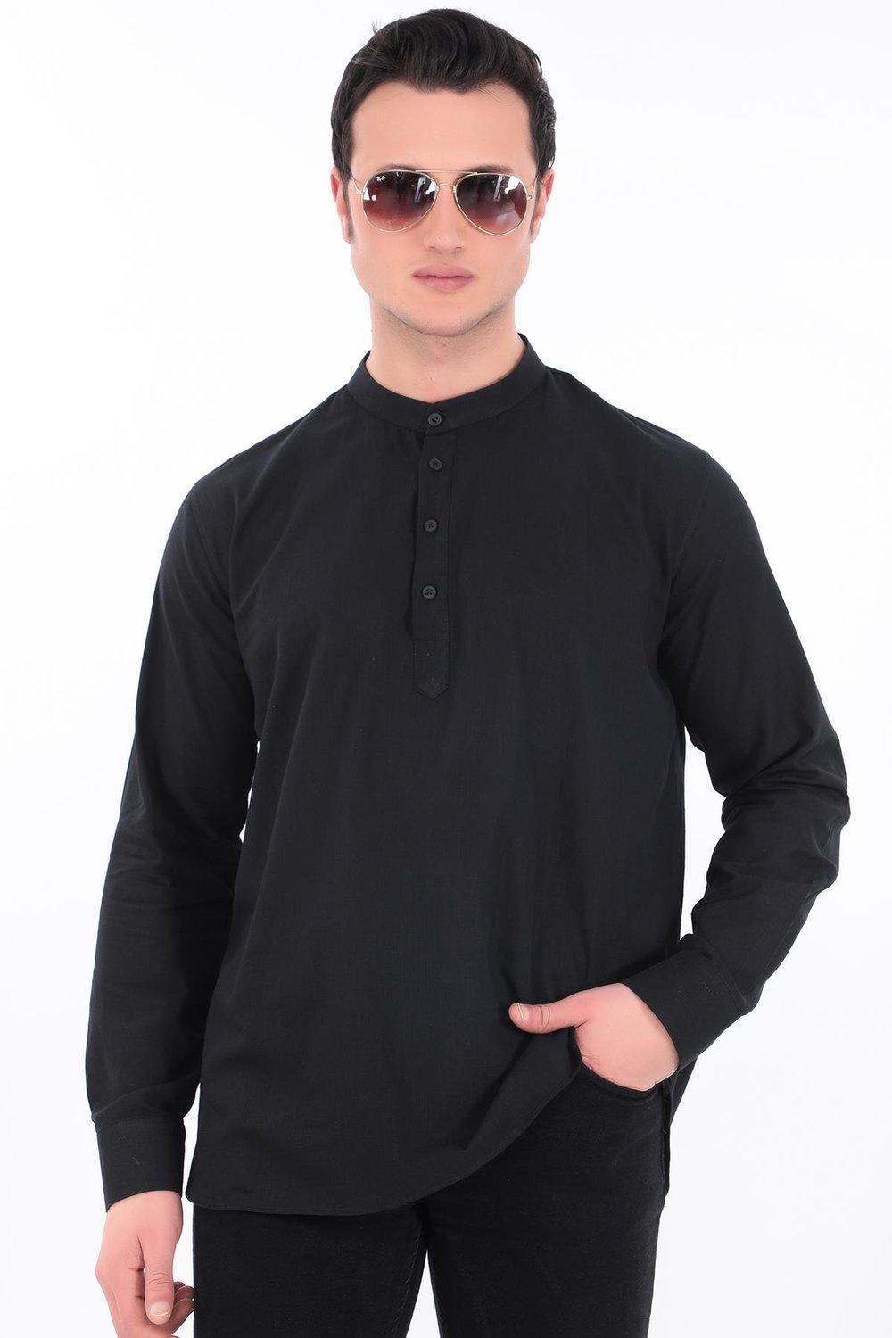 Hakim Yaka 3 Düğmeli Manşetli pamuk keten gömlek