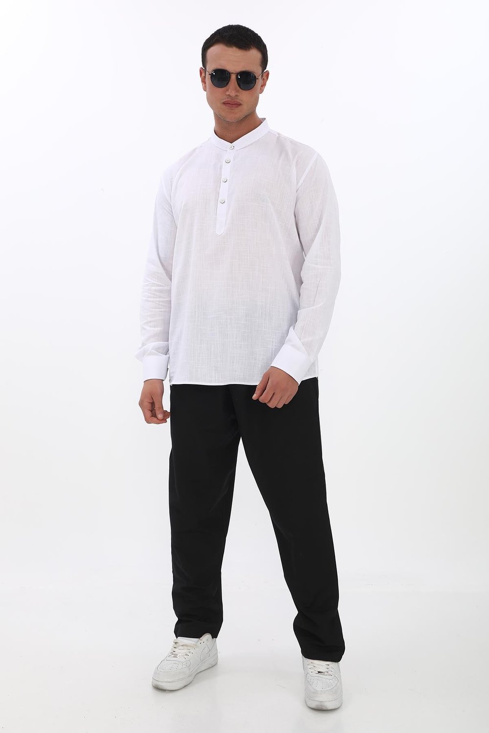 Hakim Yaka 3 Düğmeli Manşetli pamuk keten gömlek