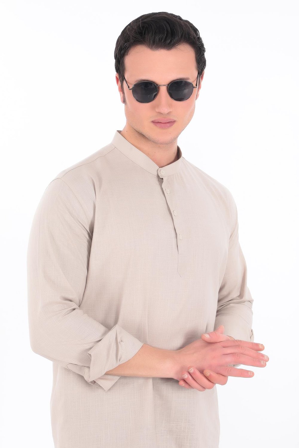 Hakim Yaka 3 Düğmeli Manşetli pamuk keten gömlek