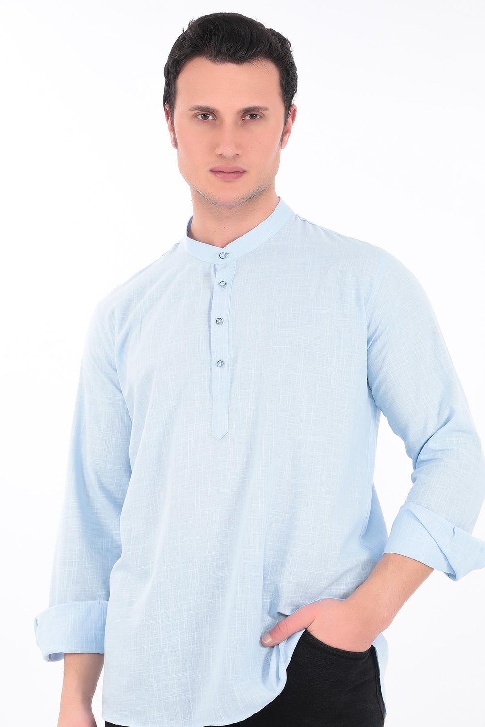 Hakim Yaka 3 Düğmeli Manşetli pamuk keten gömlek