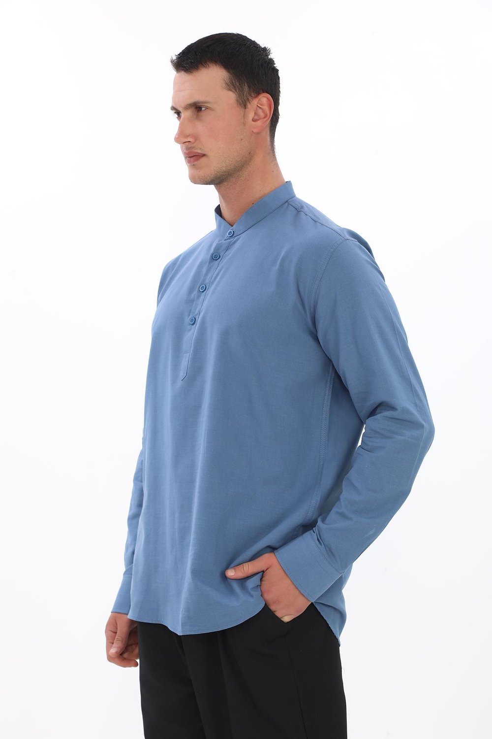 Hakim Yaka 3 Düğmeli Manşetli pamuk keten gömlek