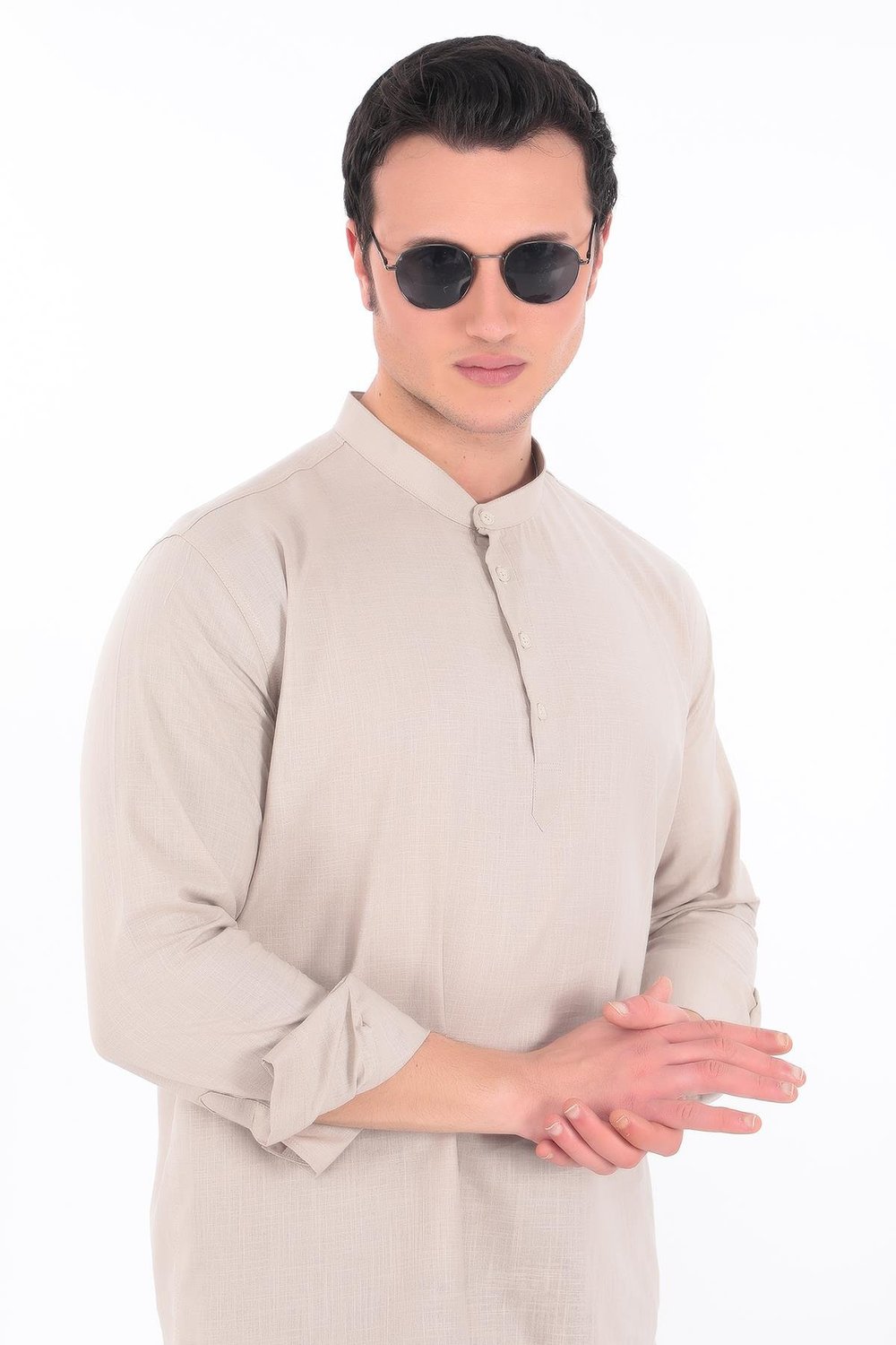 Hakim Yaka 3 Düğmeli Manşetli pamuk keten gömlek