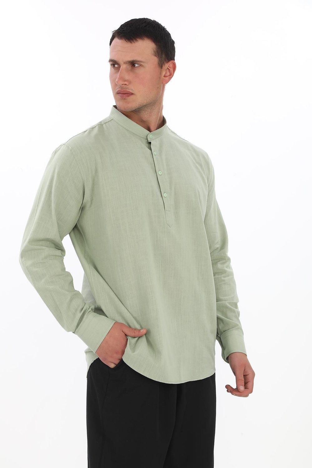 Hakim Yaka 3 Düğmeli Manşetli pamuk keten gömlek