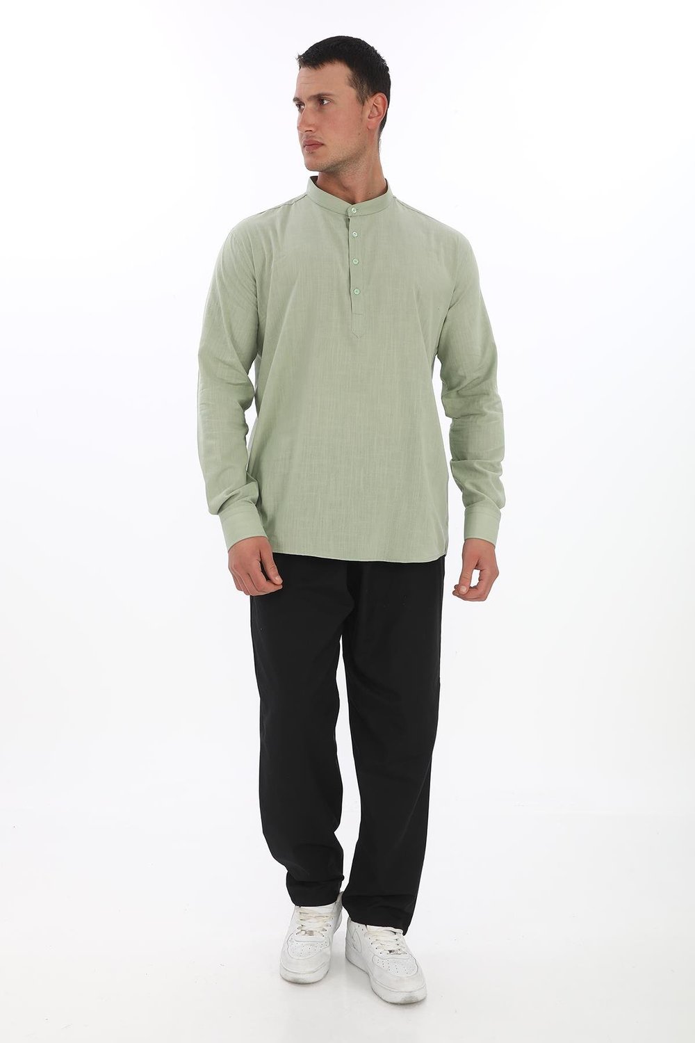 Hakim Yaka 3 Düğmeli Manşetli pamuk keten gömlek