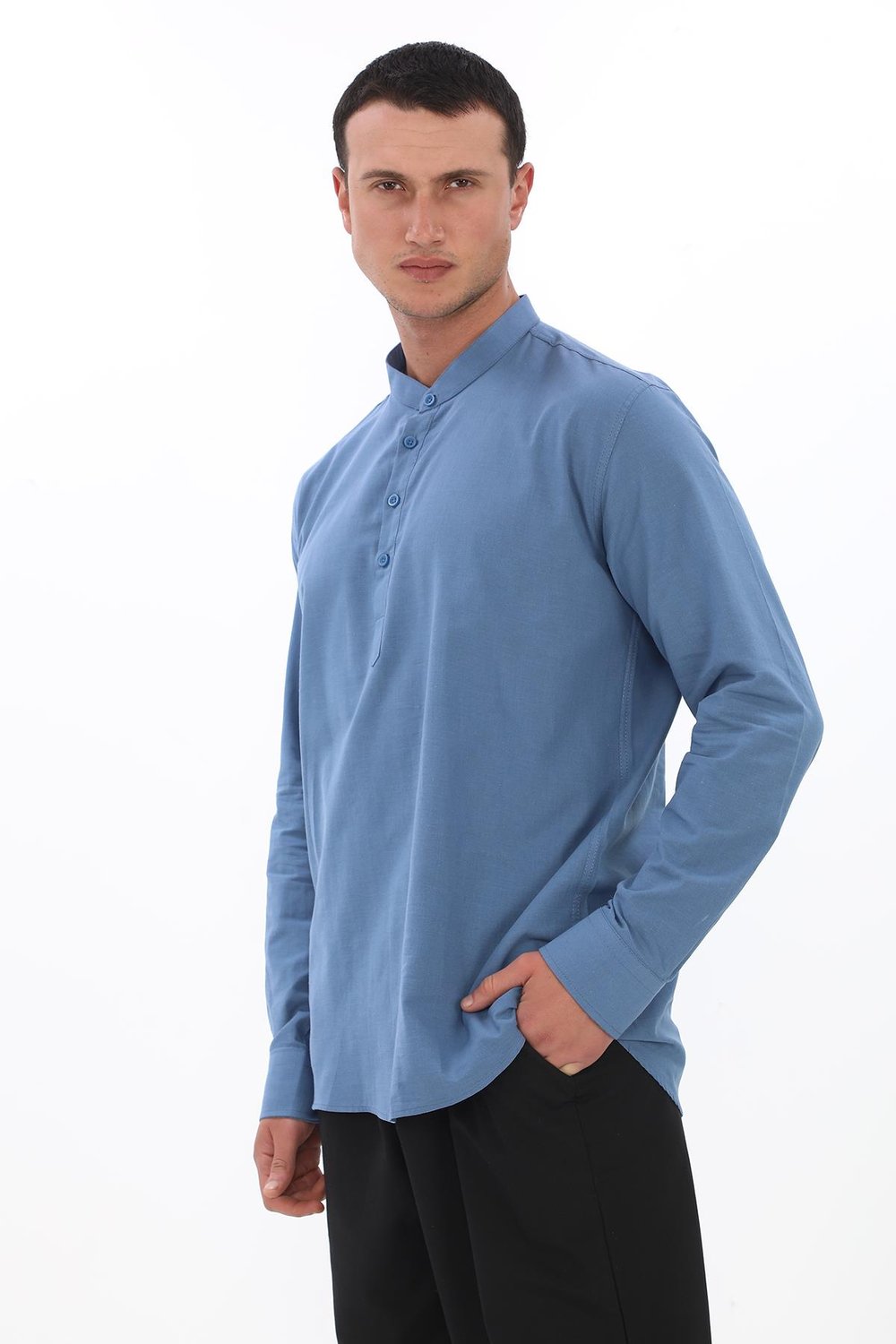 Hakim Yaka 3 Düğmeli Manşetli pamuk keten gömlek