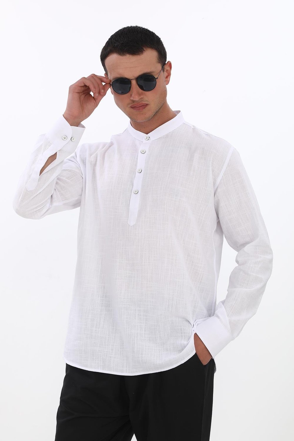 Hakim Yaka 3 Düğmeli Manşetli pamuk keten gömlek