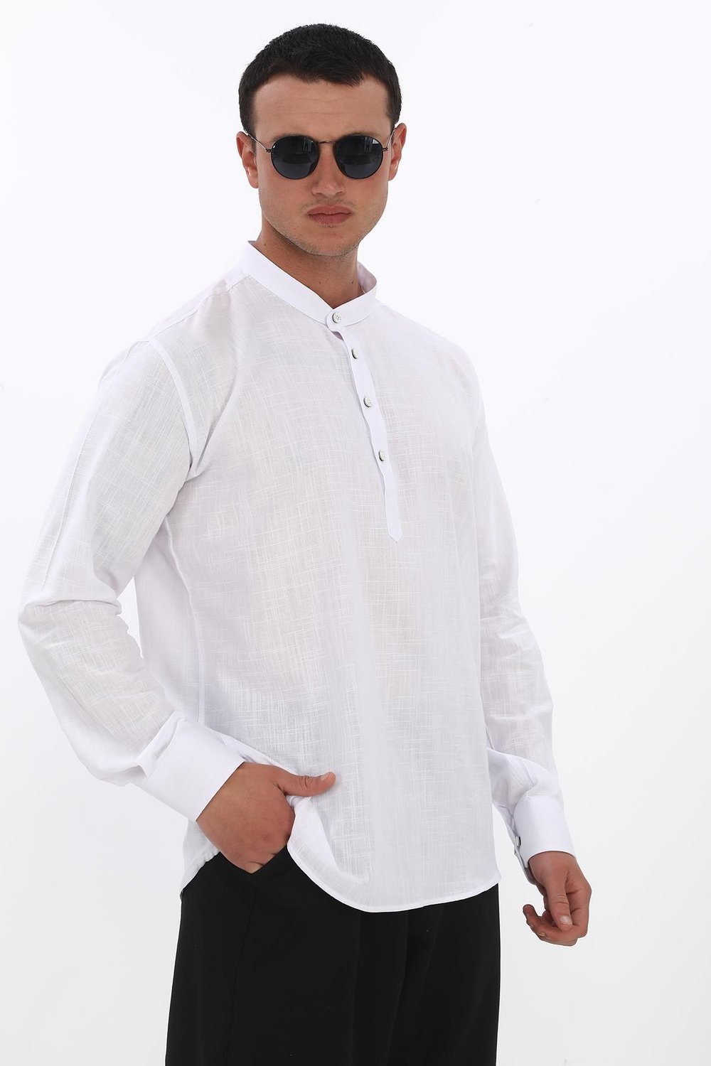 Hakim Yaka 3 Düğmeli Manşetli pamuk keten gömlek