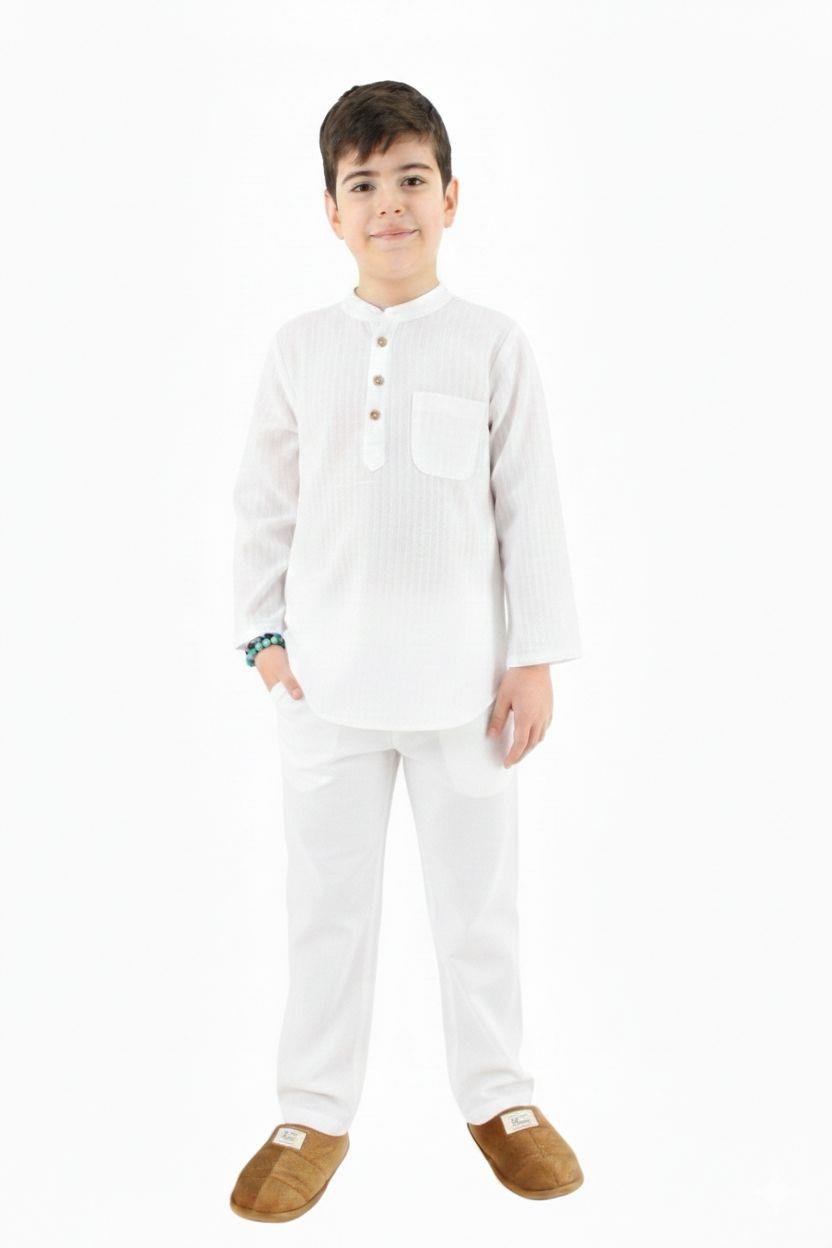 Lüks Keten Çocuk Erkek Umre Kıyafeti Alt Üst Takım