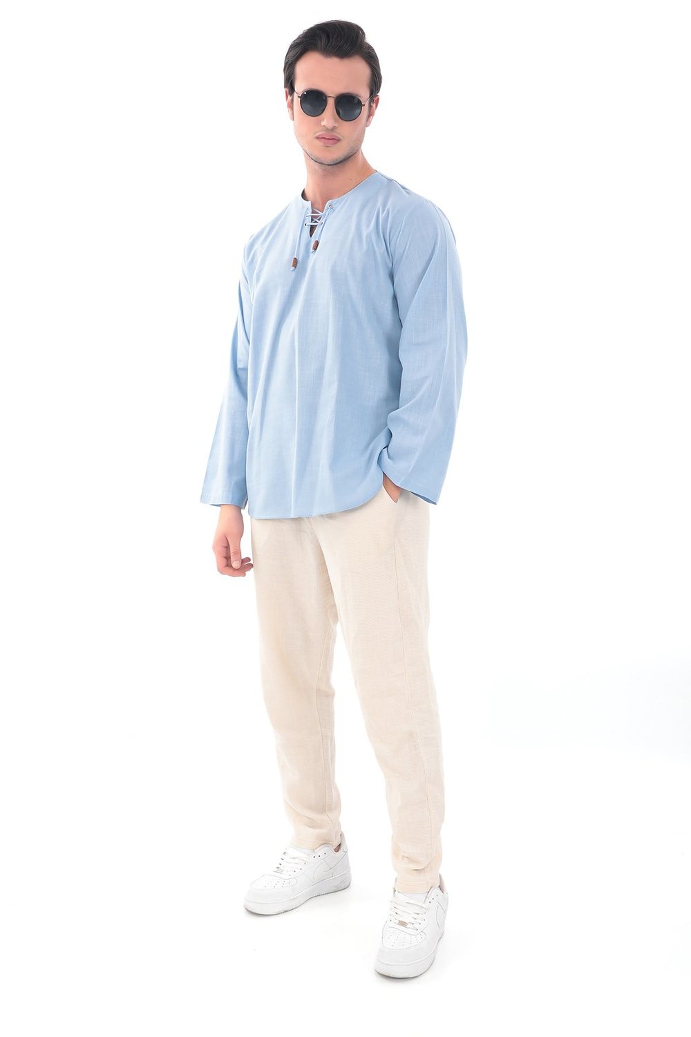 Oversize Erkek Gömlek – İpli Yakasız %100 Pamuk-MaviOversize Erkek Gömlek – İpli Yakasız %100 Pamuk GOMLEKİP-01OVERSİZE GÖMLEK İPLİSUFFA