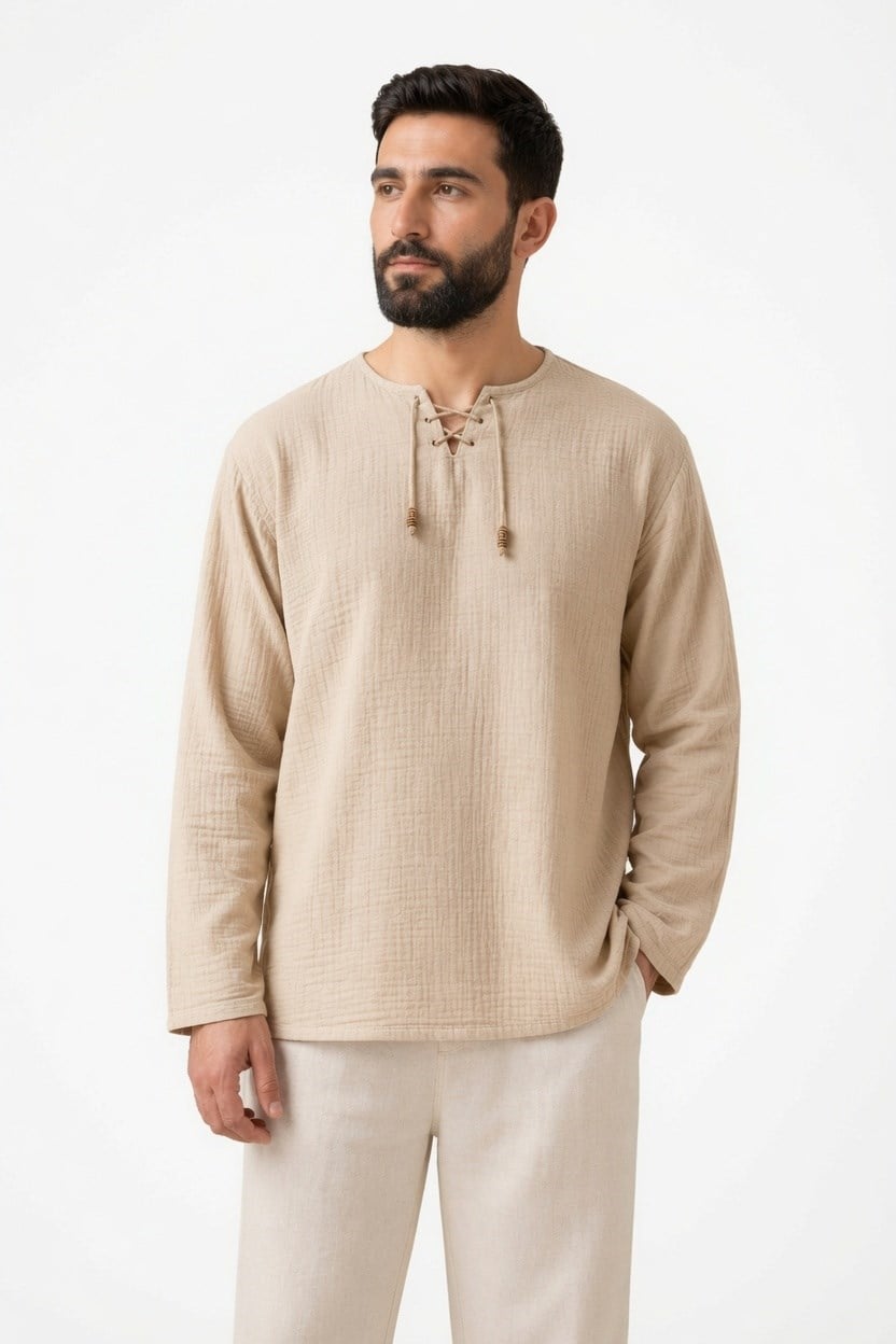 Oversize Erkek Müslin Gömlek – İpli Yakasız %100 Pamuk-KremOversize Erkek Gömlek – İpli Yakasız %100 Pamuk GOMLEKİP-01OVERSİZE GÖMLEK İPLİSUFFA