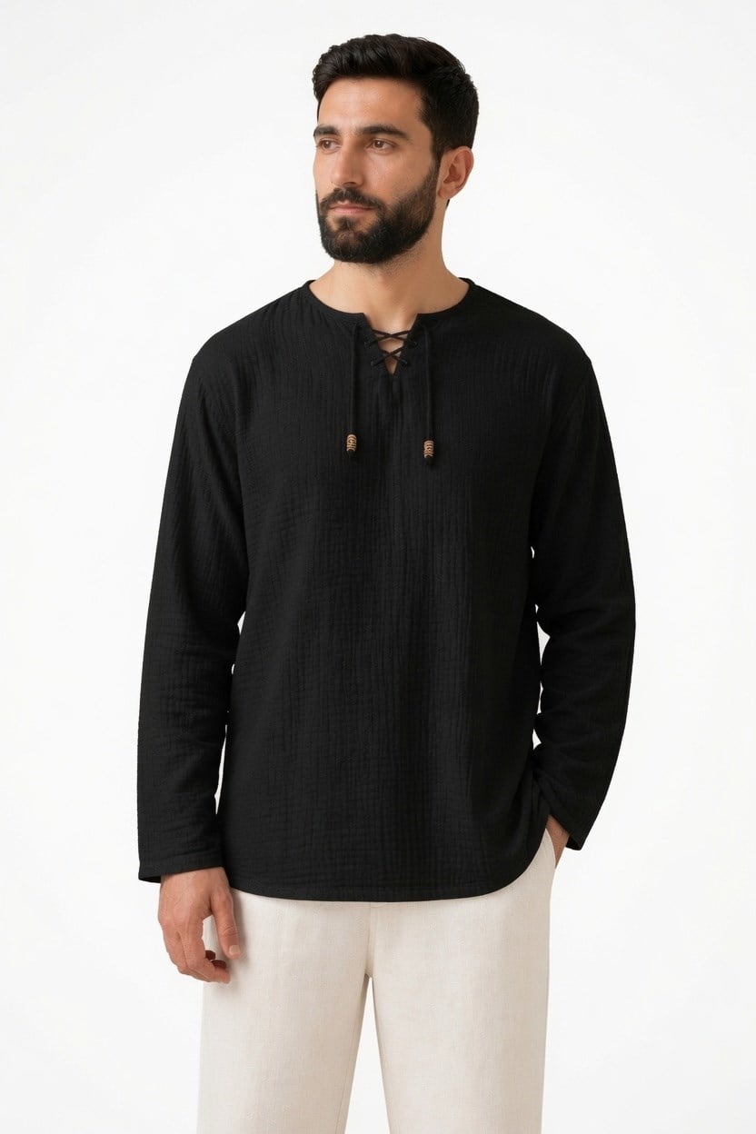 Oversize Erkek Müslin Gömlek – İpli Yakasız %100 Pamuk-SiyahOversize Erkek Gömlek – İpli Yakasız %100 Pamuk GOMLEKİP-01OVERSİZE GÖMLEK İPLİSUFFA