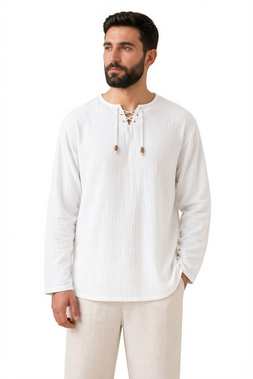Oversize Erkek Müslin Gömlek – İpli Yakasız %100 Pamuk-BeyazOversize Erkek Gömlek – İpli Yakasız %100 Pamuk GOMLEKİP-01OVERSİZE GÖMLEK İPLİSUFFA