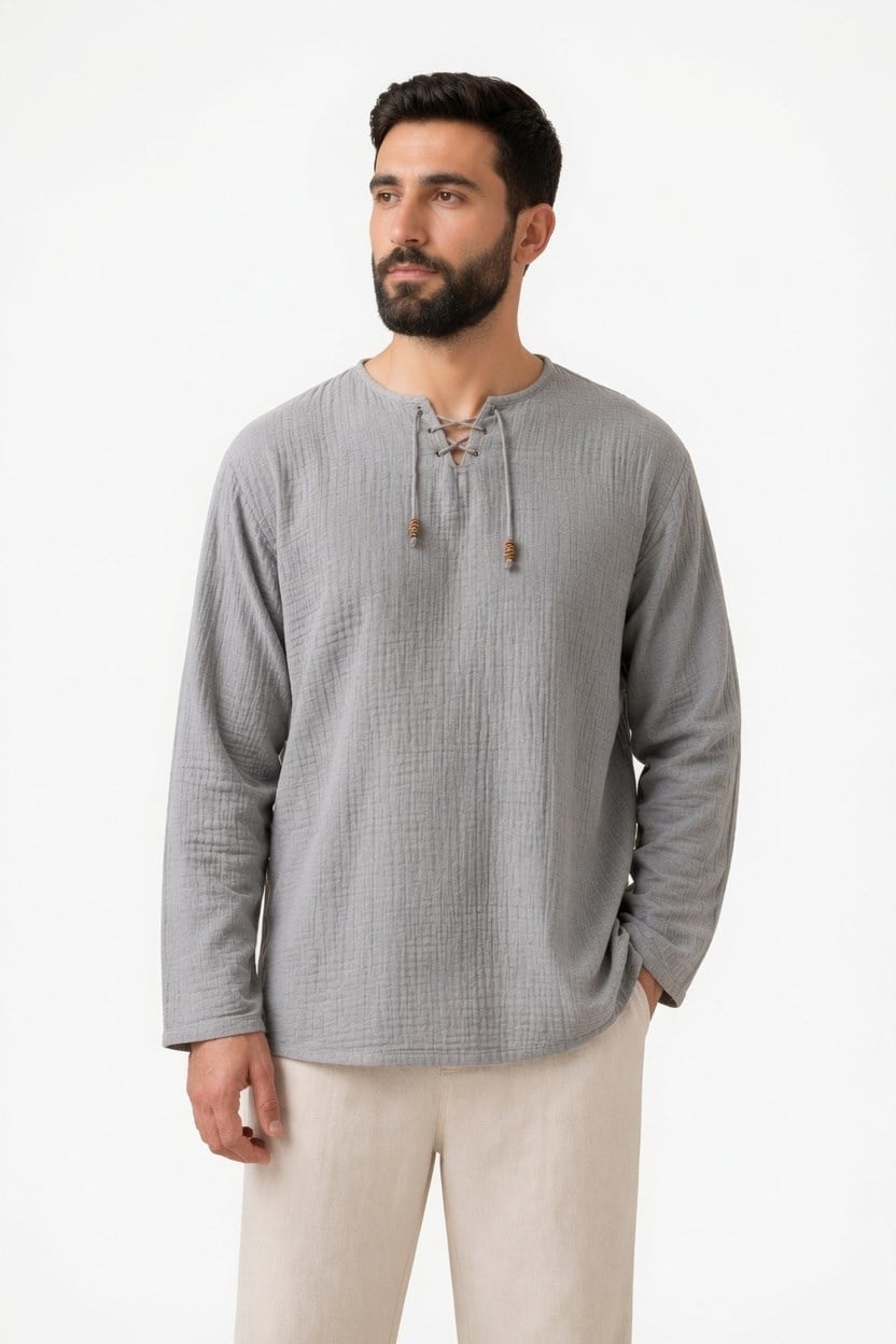 Oversize Erkek Müslin Gömlek – İpli Yakasız %100 Pamuk-GriOversize Erkek Gömlek – İpli Yakasız %100 Pamuk GOMLEKİP-01OVERSİZE GÖMLEK İPLİSUFFA