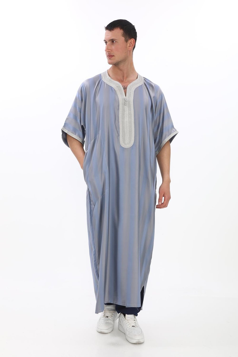 Renkli Nakışlı İthal Fistan - Çizgili, Açık Gri