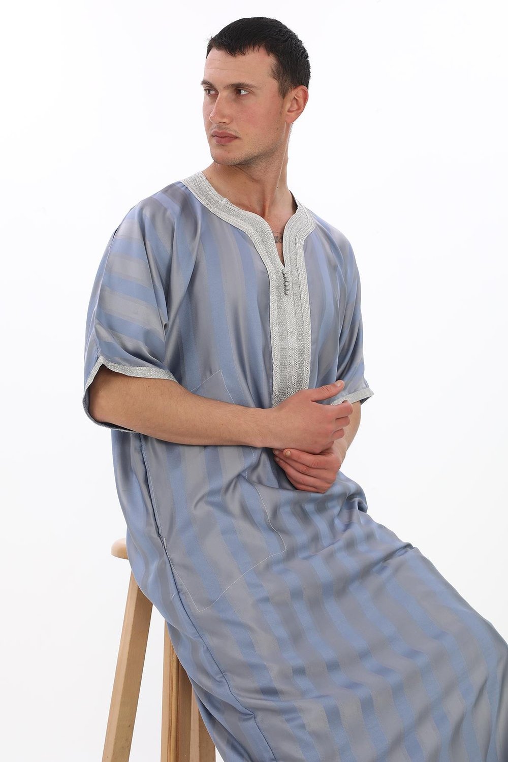 Renkli Nakışlı İthal Fistan - Çizgili, Açık Gri