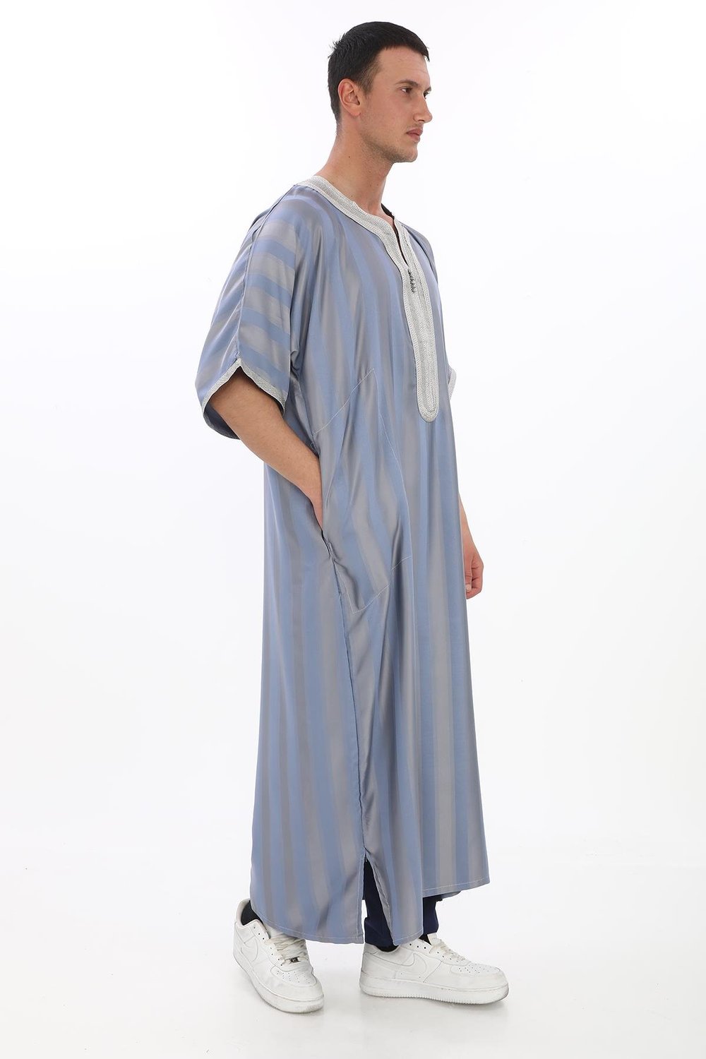 Renkli Nakışlı İthal Fistan - Çizgili, Açık Gri