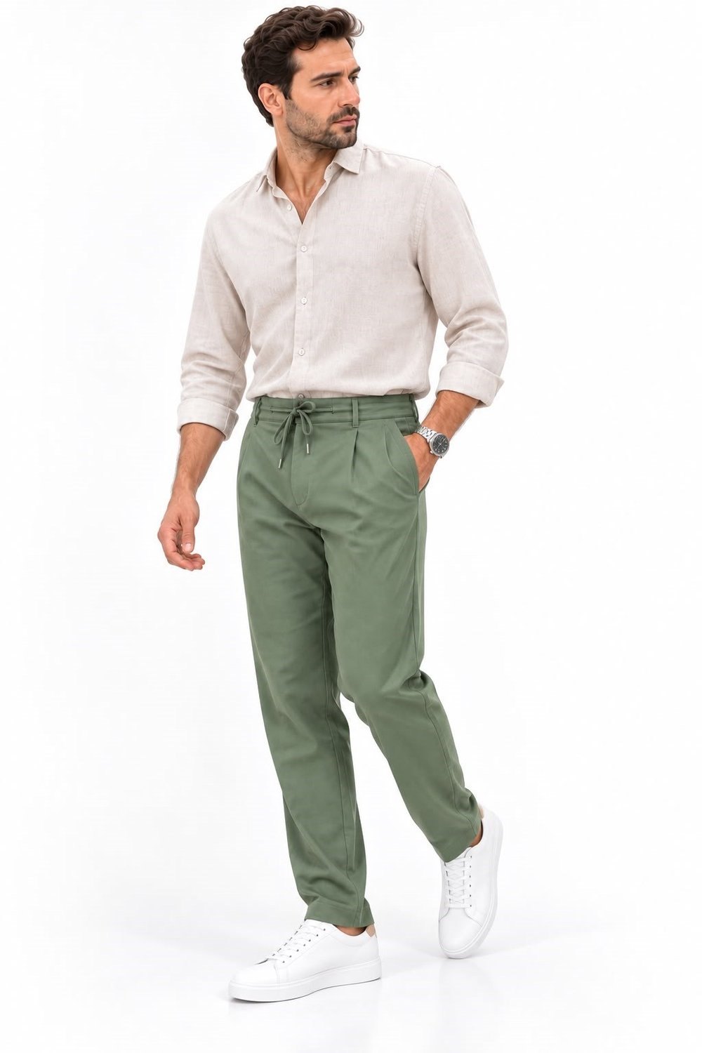 TEK PİLELİ LİKRALI RAHAT KESİM PANTOLON-HAKİ