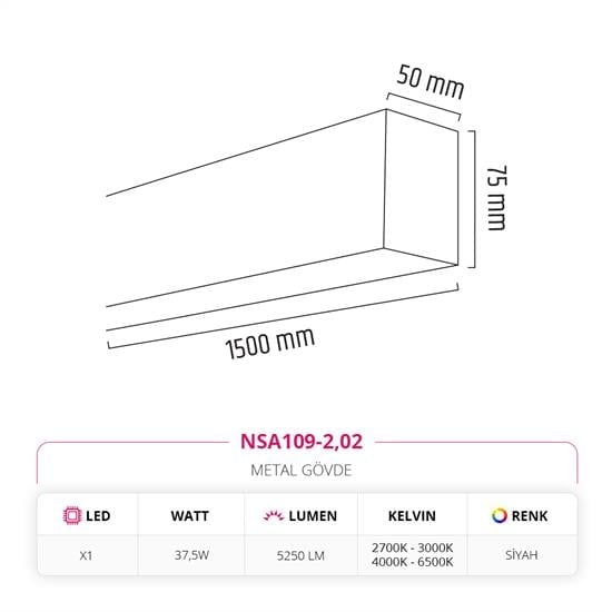 Moda Aydınlatma 150 cm Linear Sıva Üstü Armatür Siyah MD-S 3142/2-02