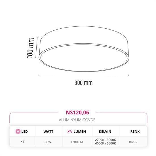 Moda Aydınlatma 30 Cm Sıva Üstü Ledli Tavan Armatürü Bakır MD-S 3042/1-06