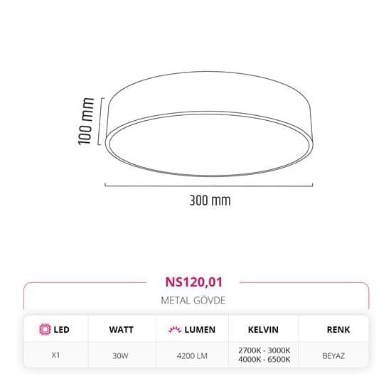 Moda Aydınlatma 30 Cm Sıva Üstü Ledli Tavan Armatürü Beyaz MD-S 3034-01