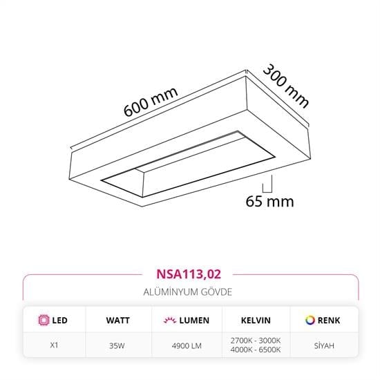 Moda Aydınlatma 30 x 60 cm Sıva Üstü Linear Armatür Siyah MD-S 3024/1-02