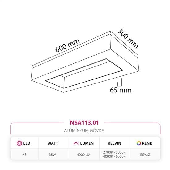 Moda Aydınlatma 30 x 60 cm Sıva Üstü Linear Armatür Beyaz MD-S 3025/1-01