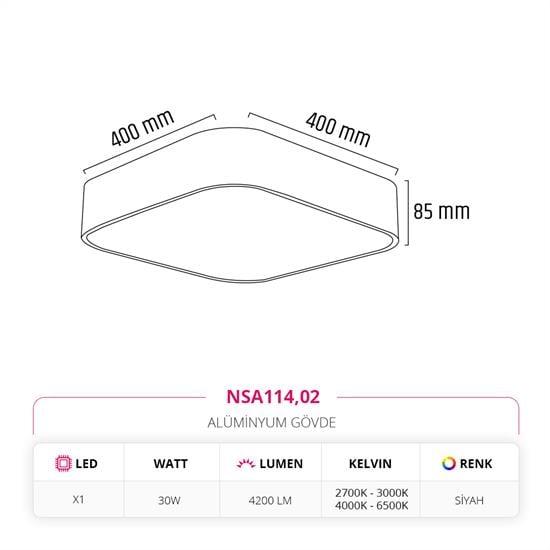 Moda Aydınlatma 40 cm Sıva Üstü Armatür Siyah MD-S 3026-02