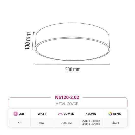 Moda Aydınlatma 50 Cm Sıva Üstü Ledli Tavan Armatürü Siyah MD-S 3040-02