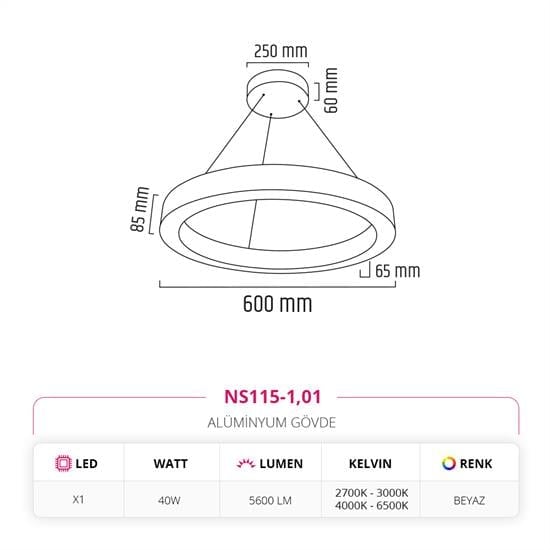 Moda Aydınlatma 60 cm Ledli Yuvarlak Simit Linear Sarkıt Beyaz MD-S 3031-01