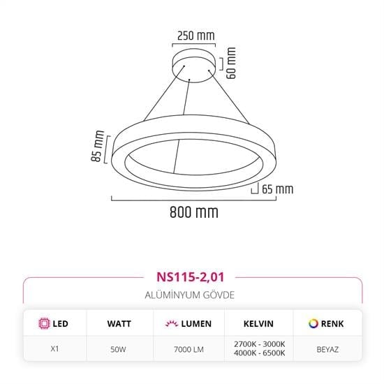 Moda Aydınlatma 80 cm Ledli Yuvarlak Simit Linear Sarkıt Beyaz MD-S 3032-01