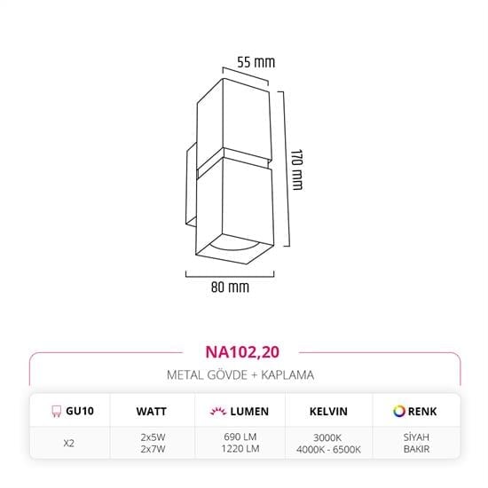 Moda Aydınlatma Çift Yönlü İç Mekan Aplik Siyah Bakır MD-A 5186-20