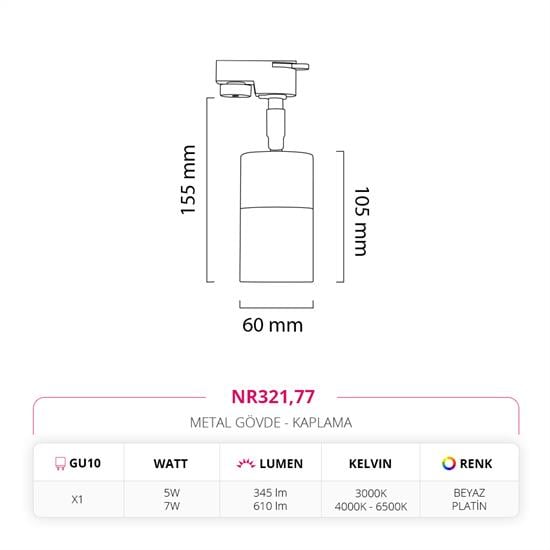 Moda Aydınlatma Dekoratif Ray Spot Beyaz Platin MD-R 1093-77