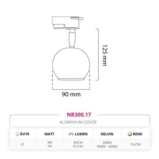 Moda Aydınlatma Dekoratif Ray Spot Platin MD-R 1082-17