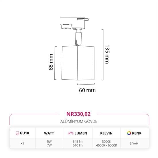 Moda Aydınlatma Dekoratif Ray Spot Siyah MD-R 1117-02