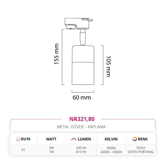 Moda Aydınlatma Dekoratif Ray Spot Siyah Saten Portakal MD-R 1091-80