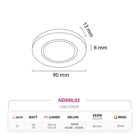 Moda Aydınlatma Sıva Altı Cam Spot Siyah MD-D 2167-02