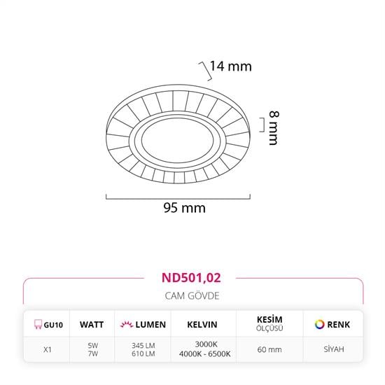 Moda Aydınlatma Sıva Altı Cam Spot Siyah MD-D 2171-02