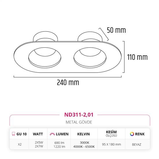 Moda Aydınlatma Sıva Altı İkili Led Spot Beyaz MD-D 2057-01