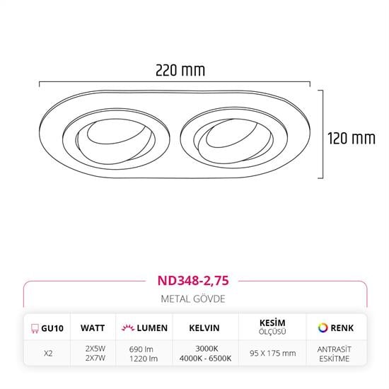 Moda Aydınlatma Sıva Altı İkili Led Spot Eskitme Antrasit MD-D 2052-75