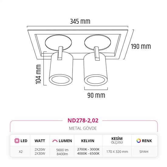 Moda Aydınlatma Sıva Altı İkili Led Spot Siyah MD-D 2028-02