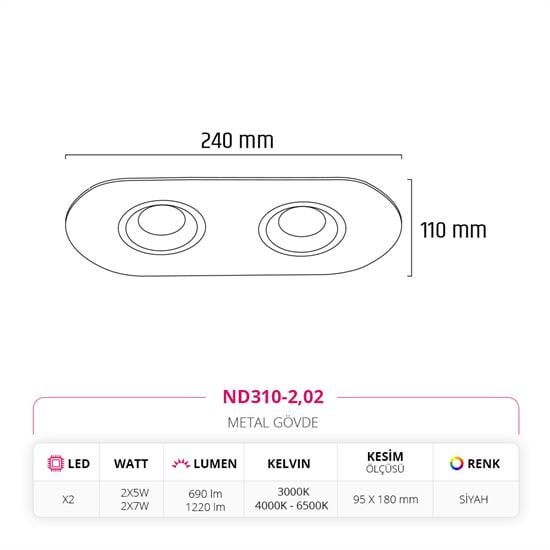 Moda Aydınlatma Sıva Altı İkili Led Spot Siyah MD-D 2047-02