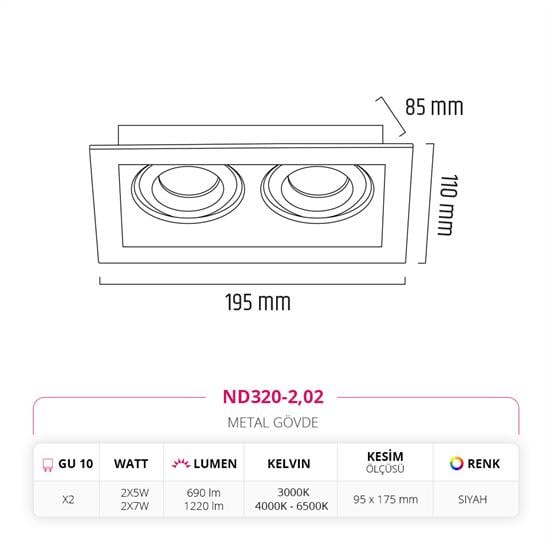 Moda Aydınlatma Sıva Altı İkili Led Spot Siyah MD-D 2074-02
