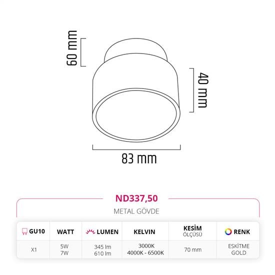 Moda Aydınlatma Sıva Altı Led Spot Eskitme Gold MD-D 2095-50