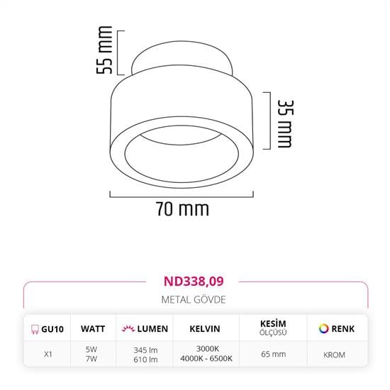 Moda Aydınlatma Sıva Altı Led Spot Krom MD-D 2101-09